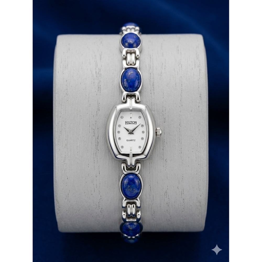 Hilton Vtg Quartz Watch Silver Tone Blue Stone Cabochon Bracelet HUL10001P16